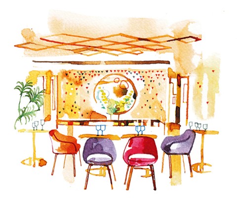 Madame Figaro, 2016, editorial illustration about Yeeels restaurant in Paris, watercolor