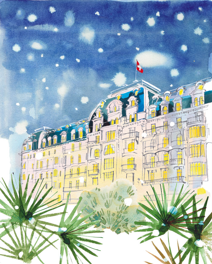Fairmont Palace Hotel, Montreux, 2016, illustrated cover for the hotel magazine, watercolor