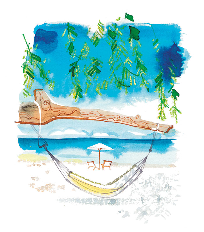 Madame Figaro, 2017, caribbean beach illustration for the travel pages, watercolor