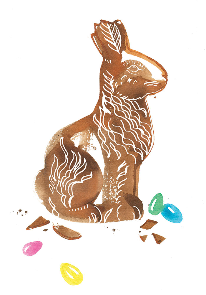 SonntagsZeitung newspaper, 2018, Chocolate Easter bunny illustration for the food column, watercolor