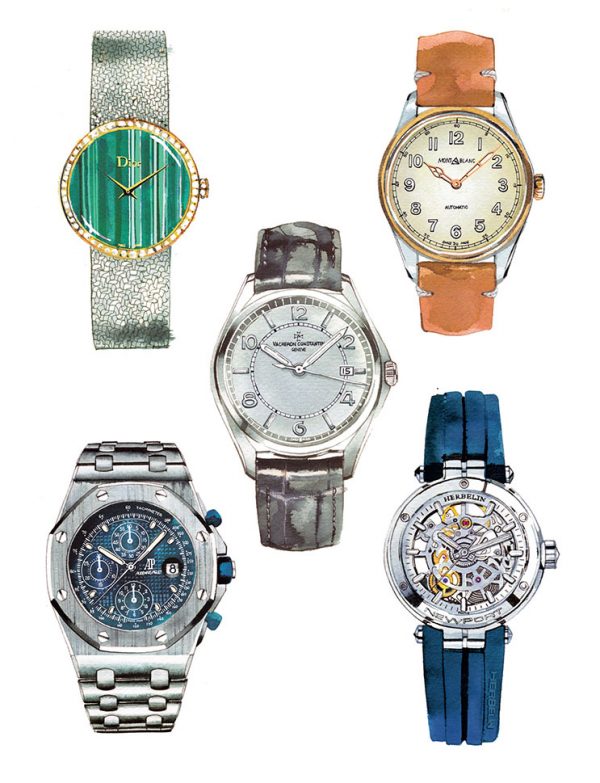 Madame Figaro magazine, News/culte column from 2017 to 2021, iconic watches, watercolor