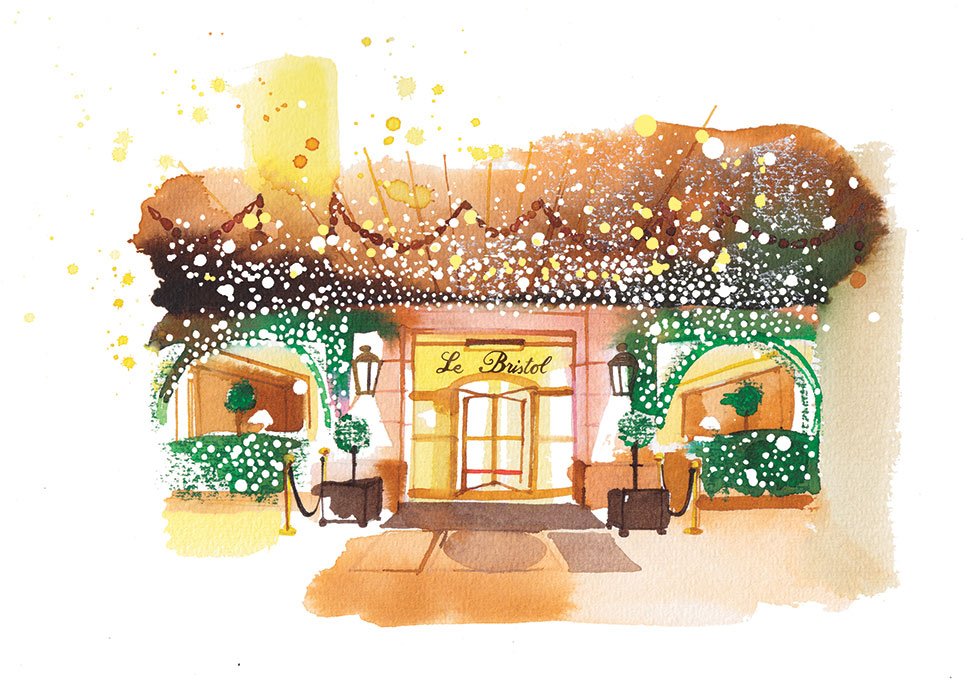 Madame Figaro CUISINE, 2017, watercolor illustration of Le Bristol Hotel, travel pages