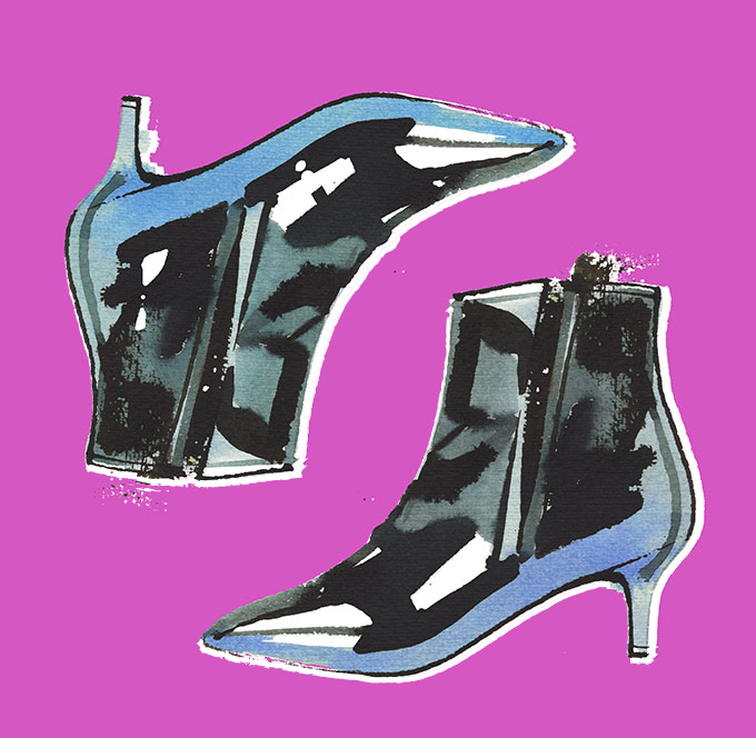 illustration of black patent ankle boots, watercolor