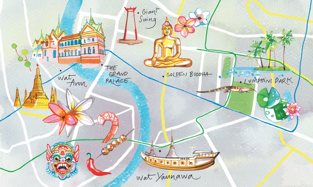 MIGUSTO magazine, 2019, illustrated Map of the restaurants district of Bangkok, Thailand
