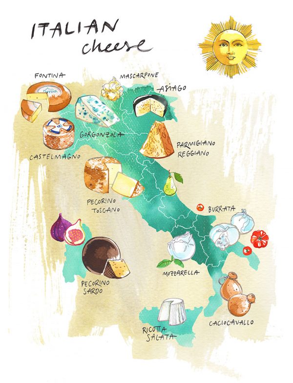 Illustrated Map of Italian cheese, watercolor