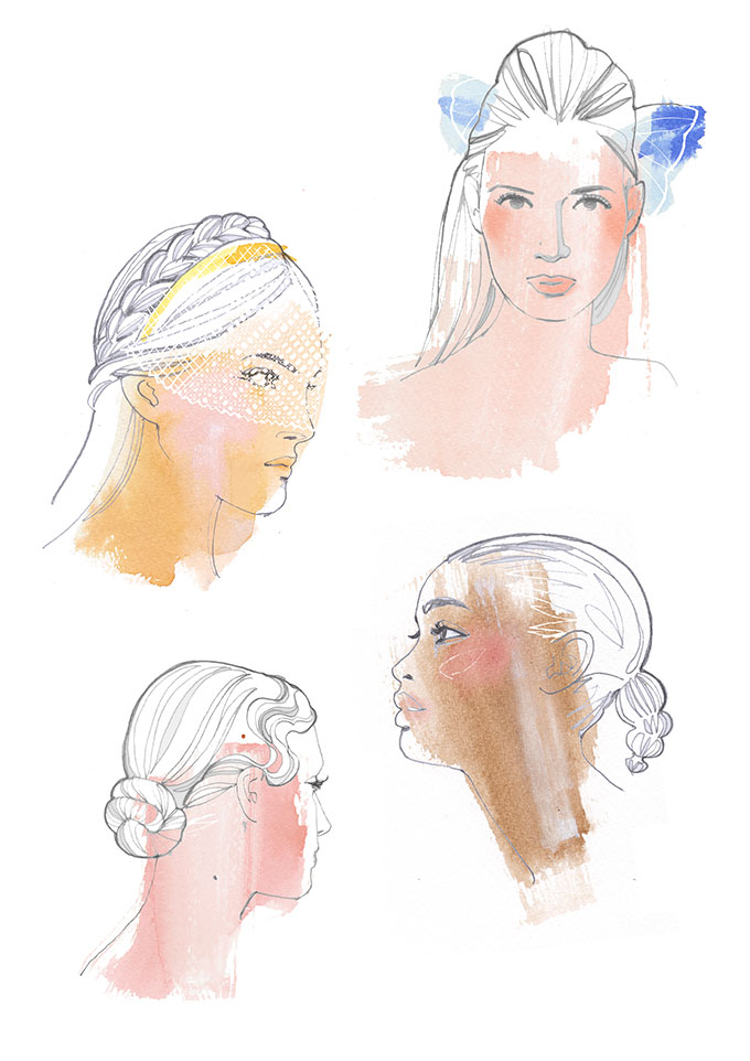 Ceremony hairstyles, watercolor and pencil illustration