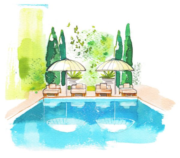 Swimming pool, travel illustration, watercolor