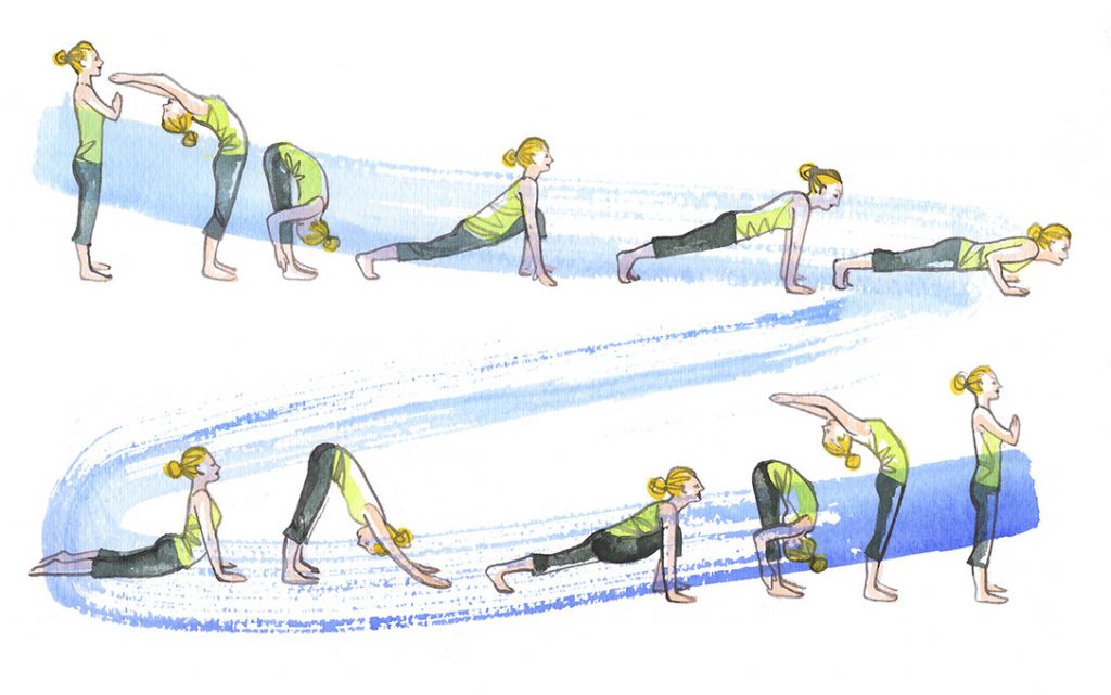 Sun salutation yoga exercise, watercolor illustration