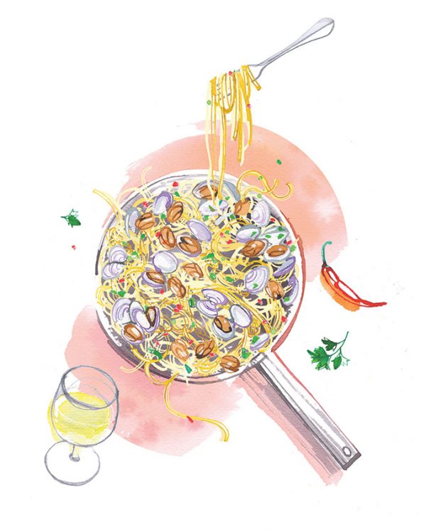 Freundin magazine, 2020, food illustration of spaghetti with clams for their special pages about Summer recipes