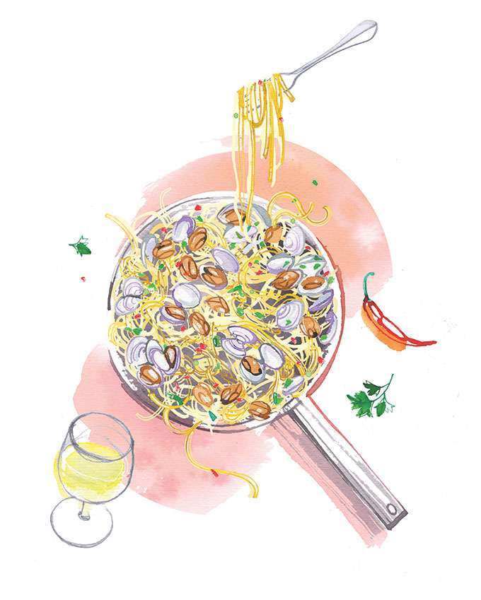 Freundin magazine, 2020, food illustration of spaghetti with clams