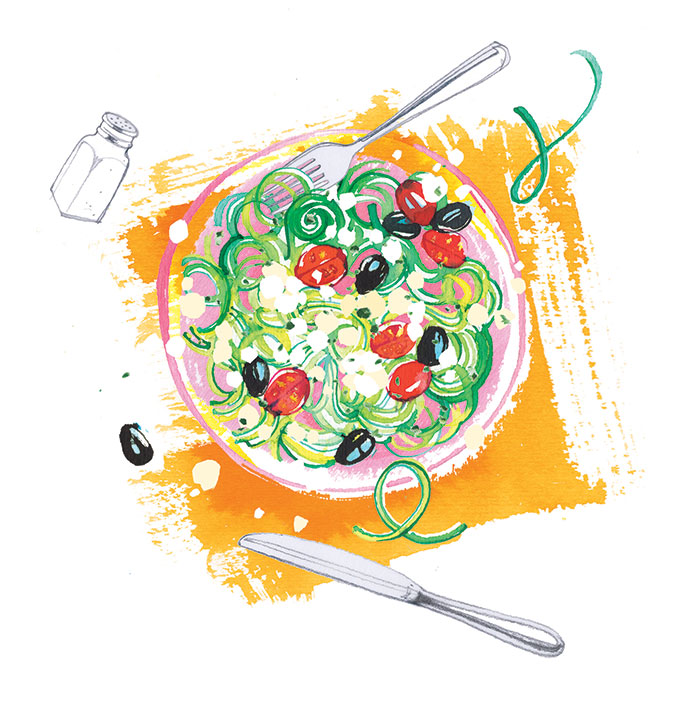 Freundin magazine, 2020, food illustration of courgettes spaghetti with feta for their special pages about Summer recipes