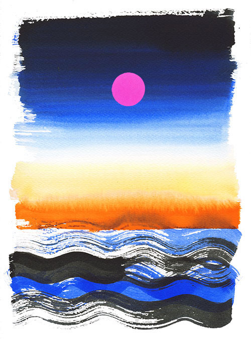 Cilento sea sunset, watercolor and collage illustration