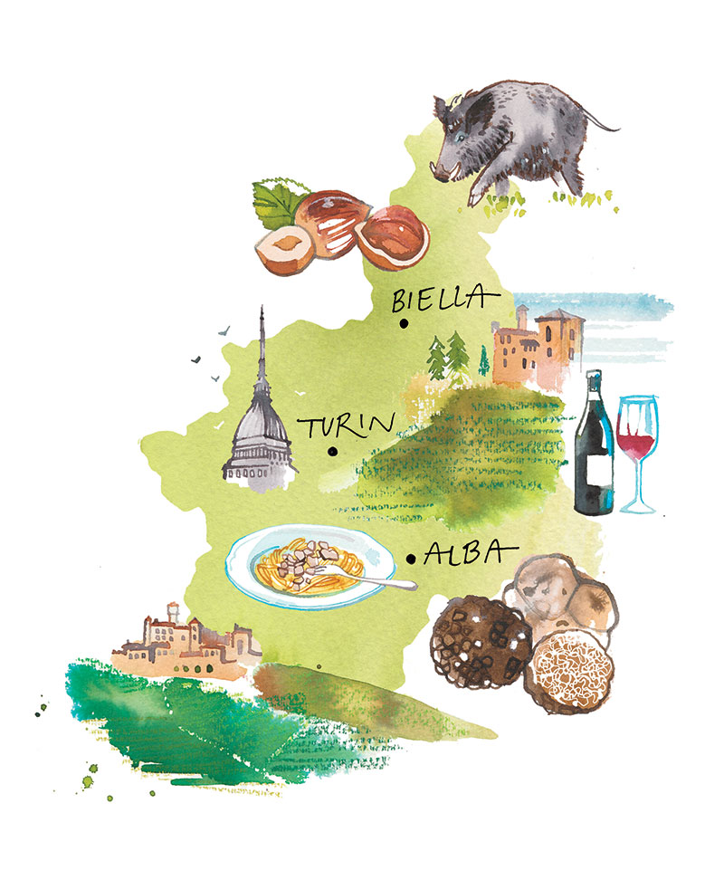 MIGUSTO magazine, 2020, illustrated Map of Piemonte region, Italy, watercolor