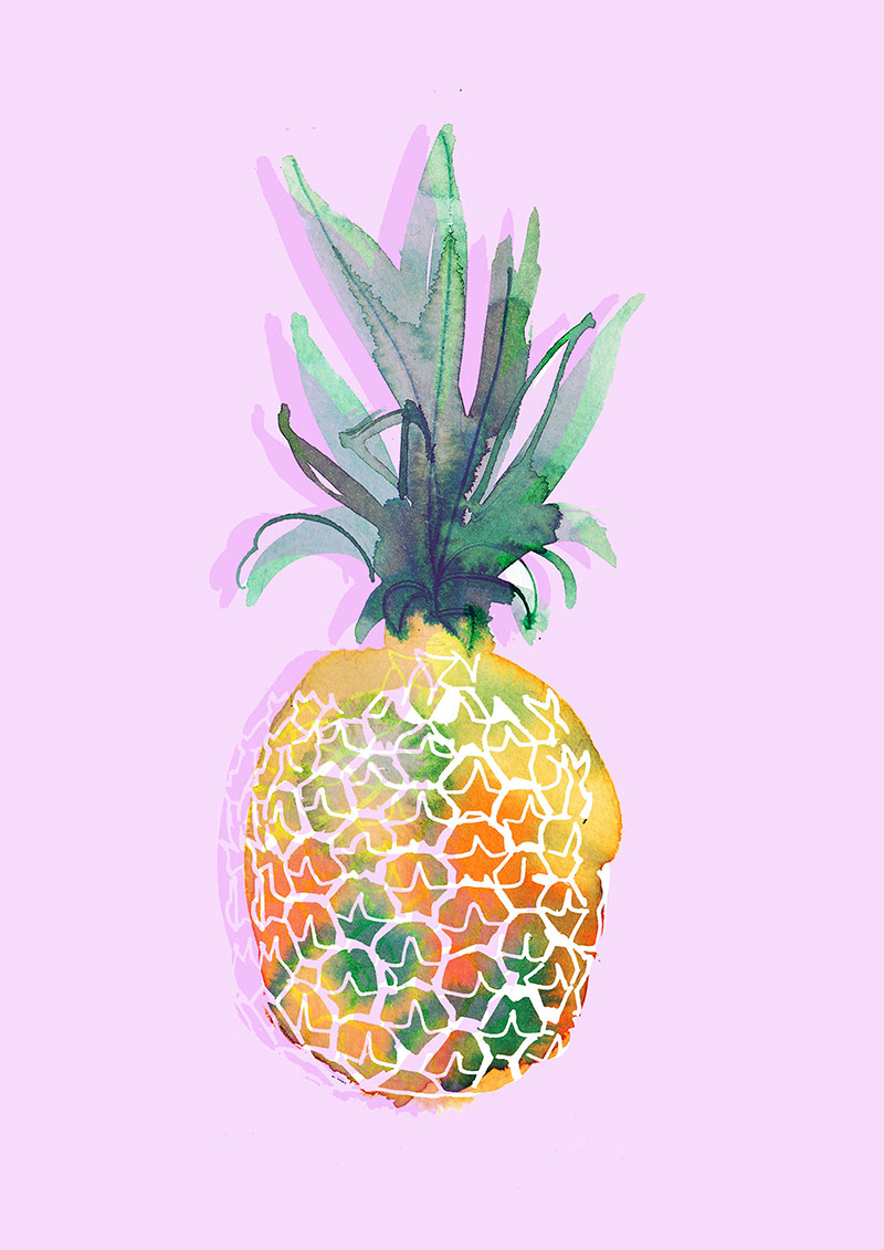 Pineapple in pink, watercolor food illustration
