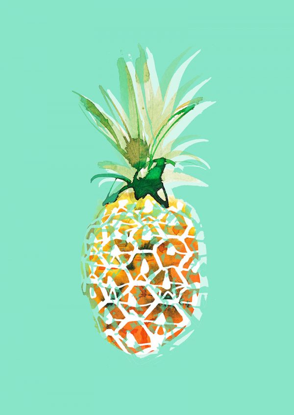 Pineapple in green, watercolor food illustration
