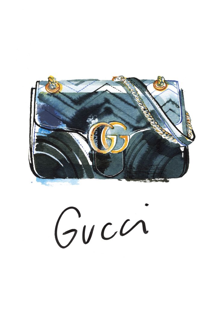Gucci Marmont bag, watercolor fashion illustration