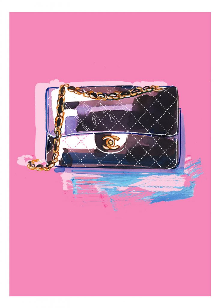 Chanel Classic flap bag, mixed media fashion illustration
