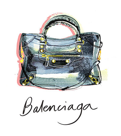 Balenciaga City bag, watercolor fashion illustration