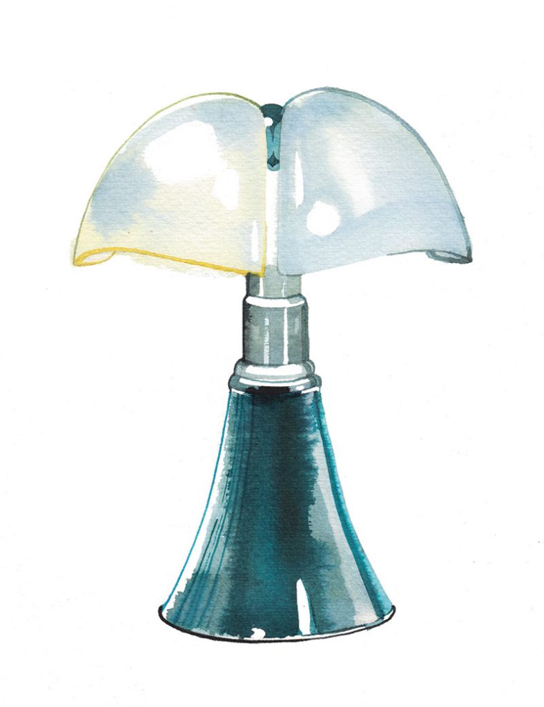 Madame Figaro, News/culte column 2018, "Pipistrello" lamp by Gae Aulenti, watercolor illustration