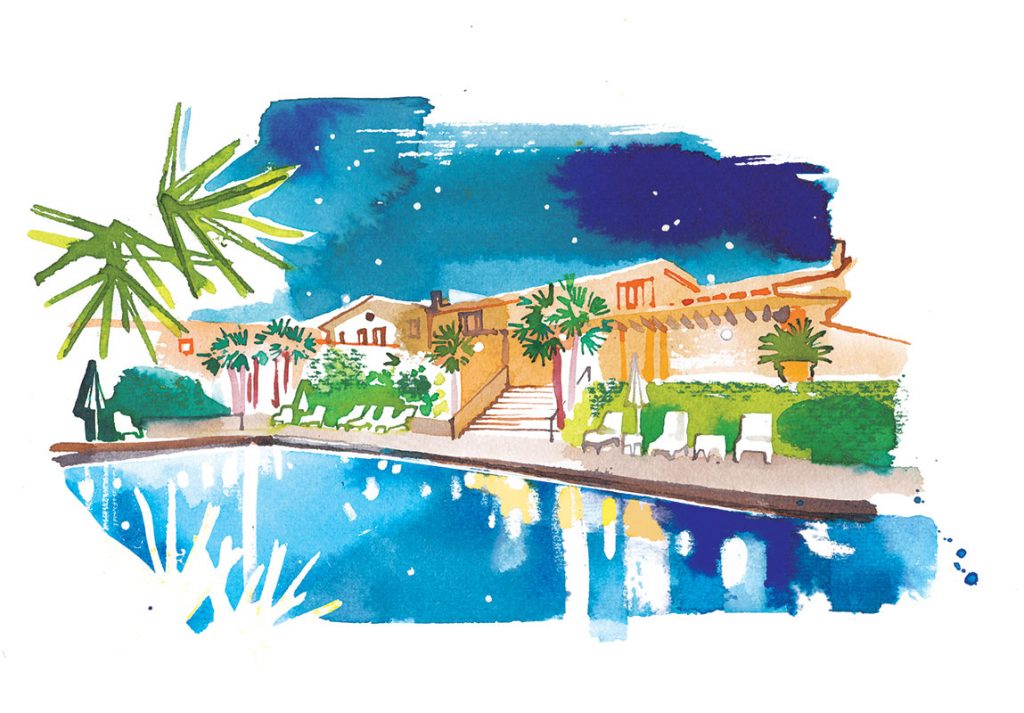 Madame Figaro CUISINE, 2021, watercolor illustration of Chateau de Berne, one of 7 illustrations for the travel pages about French vineyard resorts