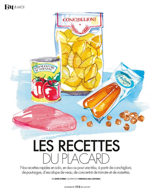 ELLE à Table, 2021, illustrations for “Les recettes du placard” – how to create many recipes with only 5 ingredients!