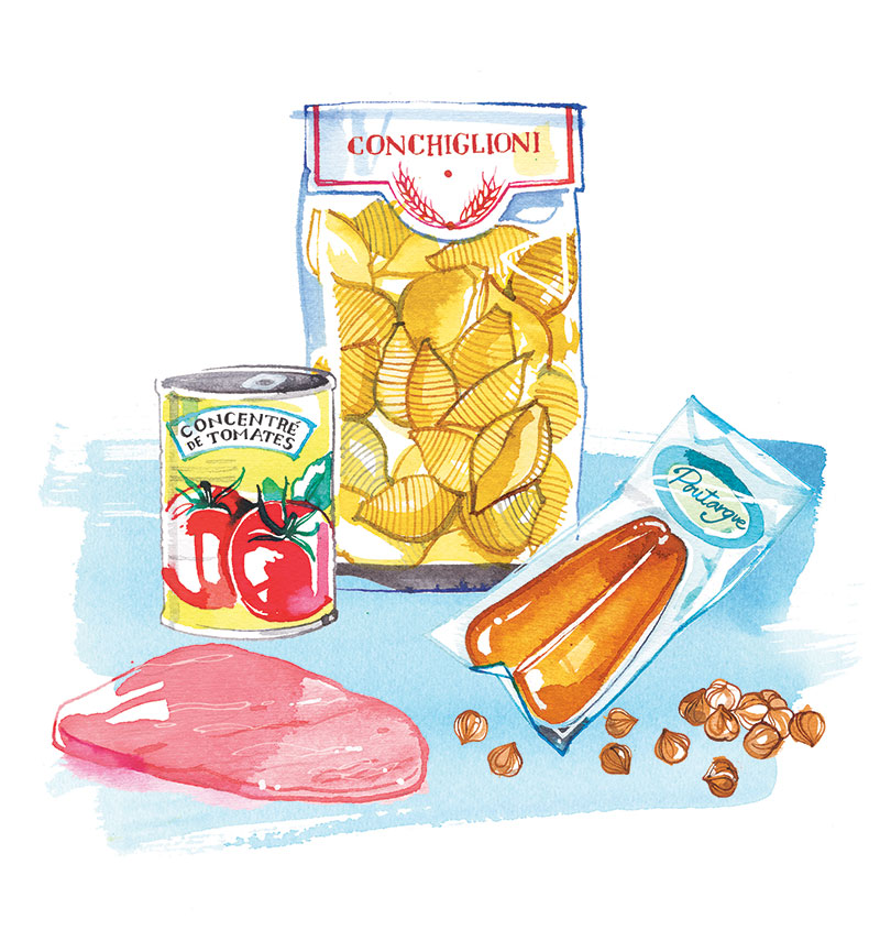 ELLE à Table, 2021, illustrations for "Les recettes du placard" - how to create many recipes with only 5 ingredients!