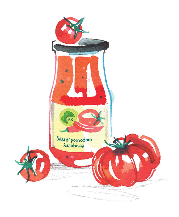 MIGUSTO magazine, 2021, illustration of organic tomato sauce, watercolor
