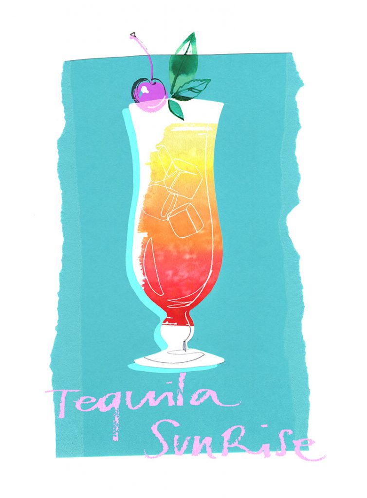 Summer cocktails collection: watercolor illustration of Tequila Sunrise