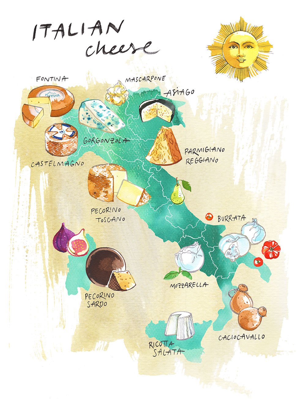 Illustrated Map of Italian Cheese of every Region