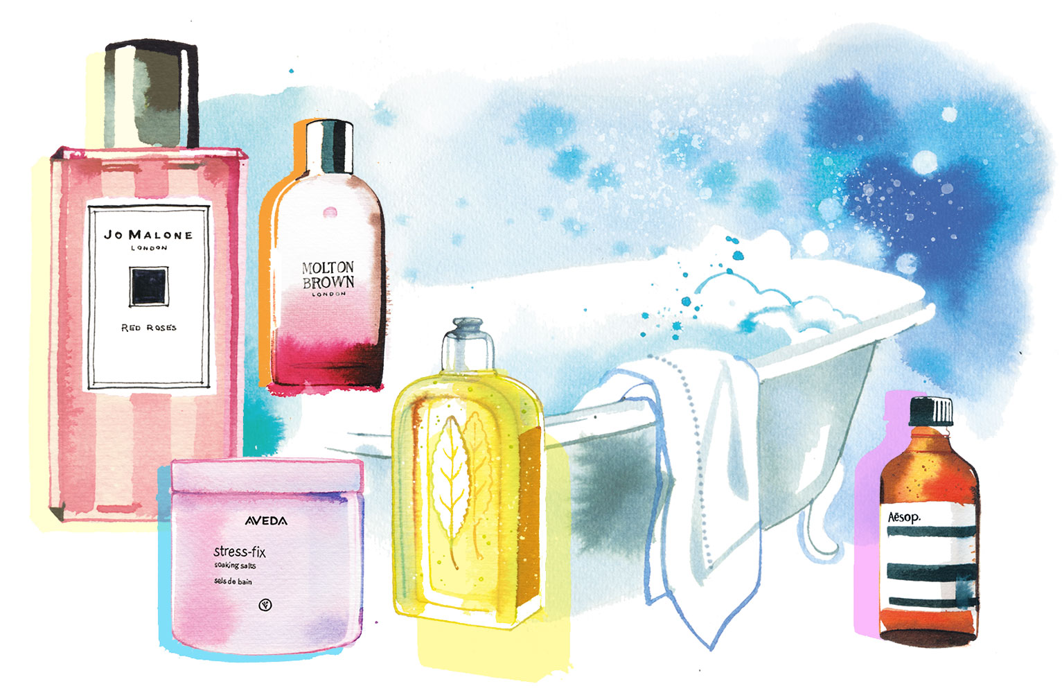 Illustration of Bathtub with Beauty Products and Shower Gels - Schweizer Familie, 2017