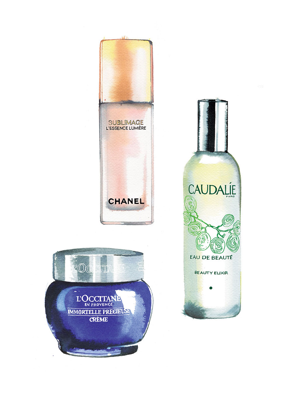 Illustration of Beauty Products Chanel Caudalie L'Occitane - Madame Figaro, 2019