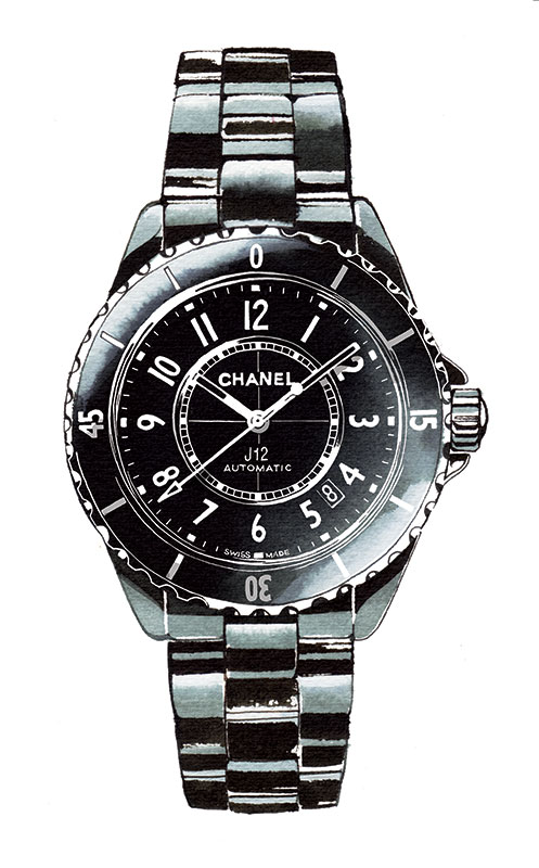 Watercolor Illustration of Chanel J12 watch - Madame Figaro, 2020