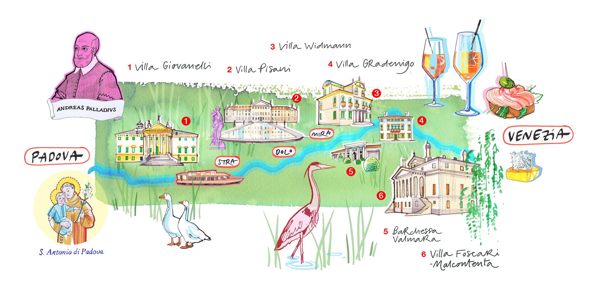Illustrated Map of Palladio style villas on the Brenta's river