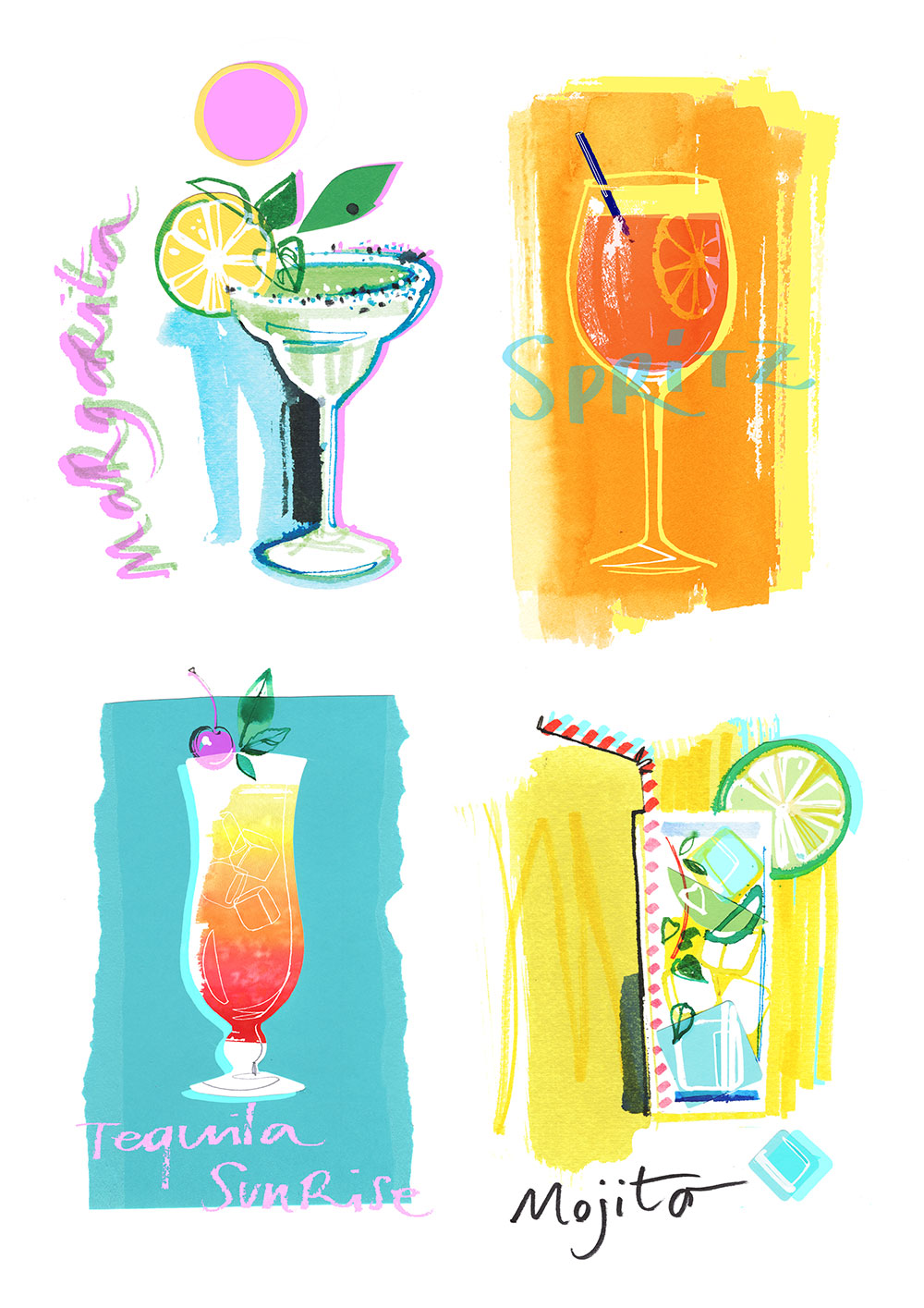 Illustration of Summer Cocktails, Margarita, Spritz, Tequila Sunrise and Mojito