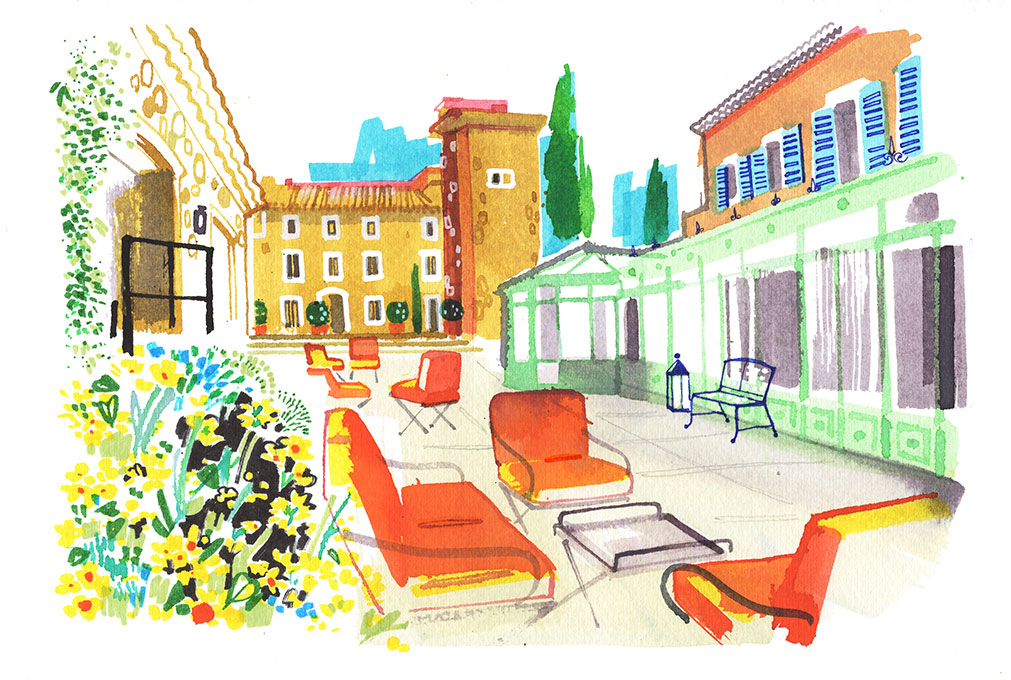 Illustration of Vineyard Resort Chateau de Berne patio - Ciel Rouge PR, 2021
