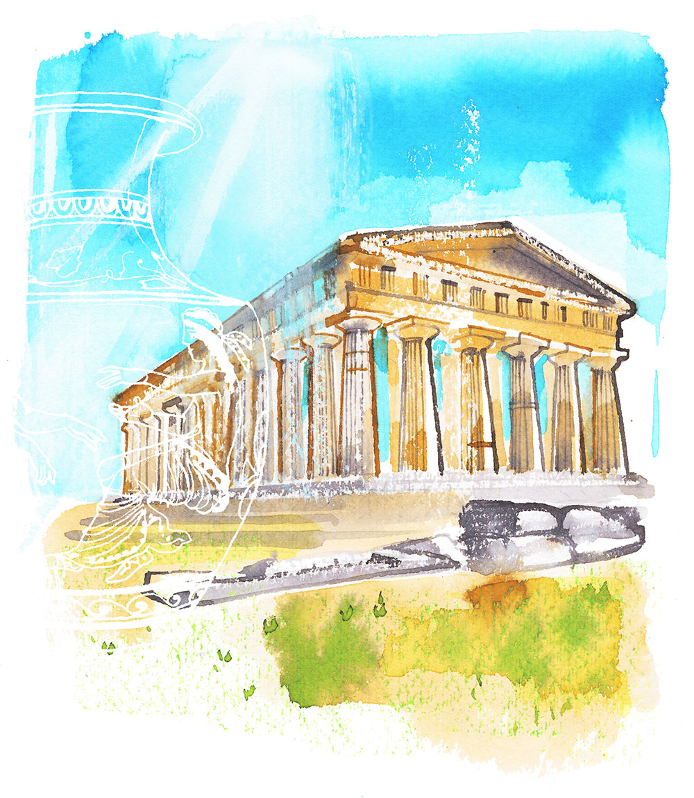 Watercolor illustration of Ancient Roman temple in Paestum