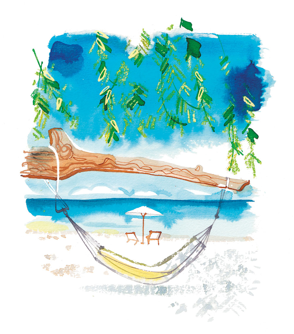 Watercolor illustration of Constance Tsarabanjina Beach Resort in Madagascar - Madame Figaro CUISINE, 2017