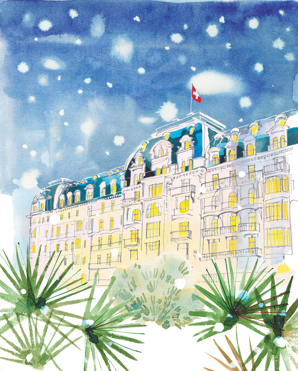 Watercolor illustration of Montreux Palace Hotel in the snow - Montreux Palace Hotel, 2016