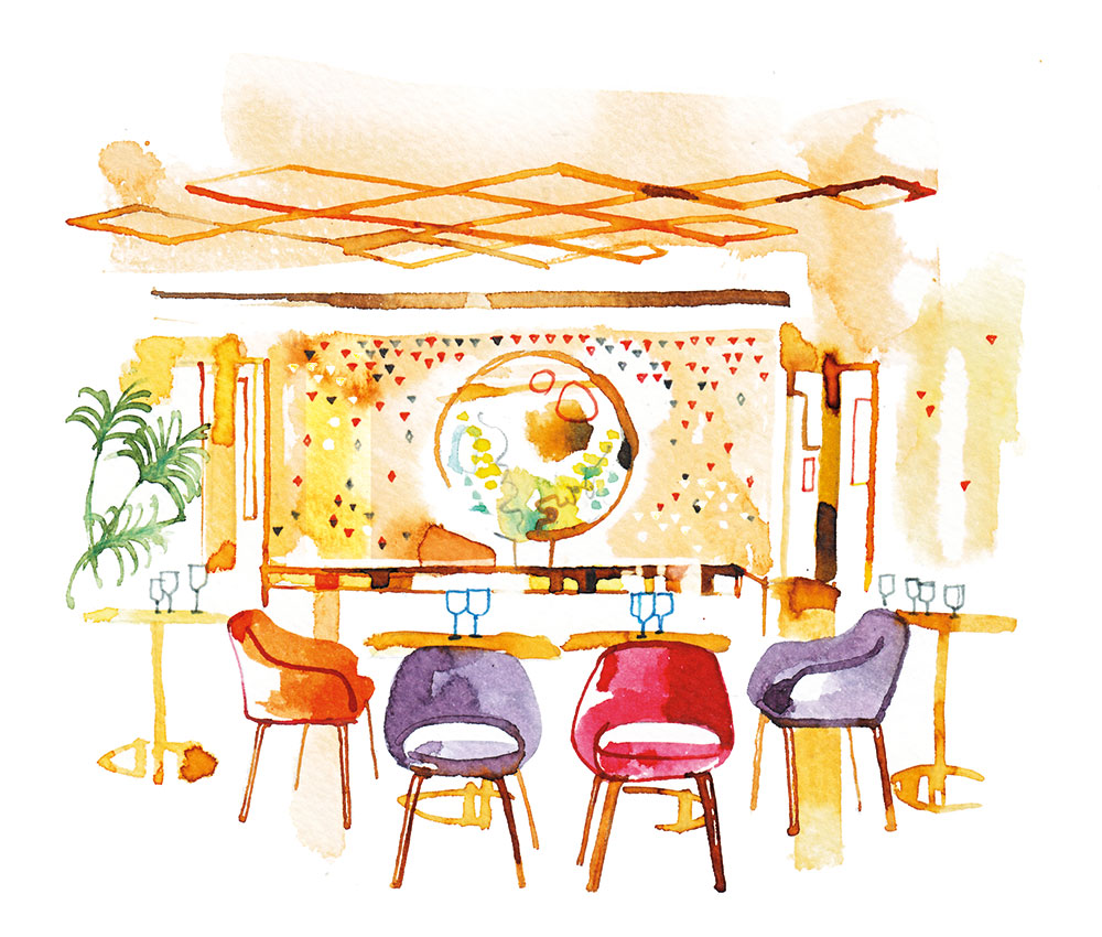 Watercolor illustration of Paris Restaurant Yeeels - Madame Figaro FRENCH INSPIRATIONS, 2015