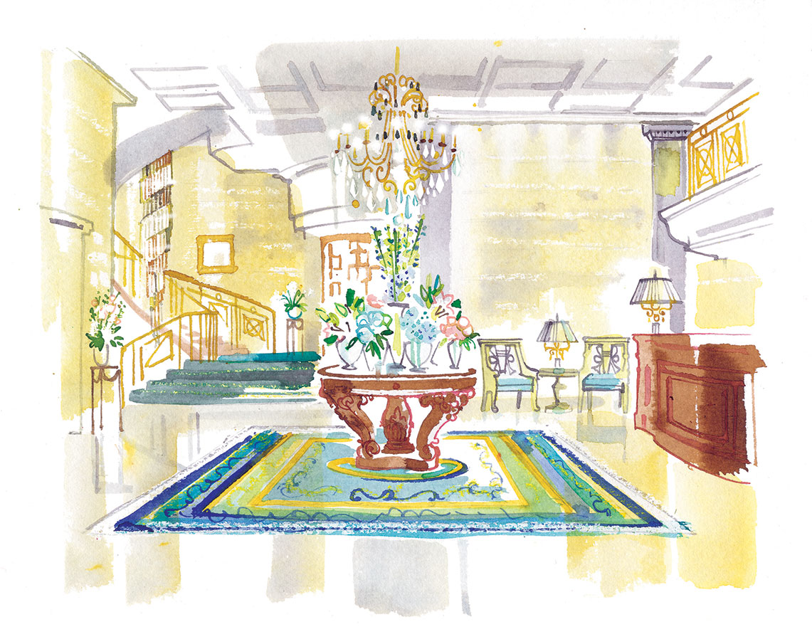 Watercolor illustration of Savoy Hotel Baur en Ville Zurich lobby - Savoy Baur en Ville Hotel, 2020