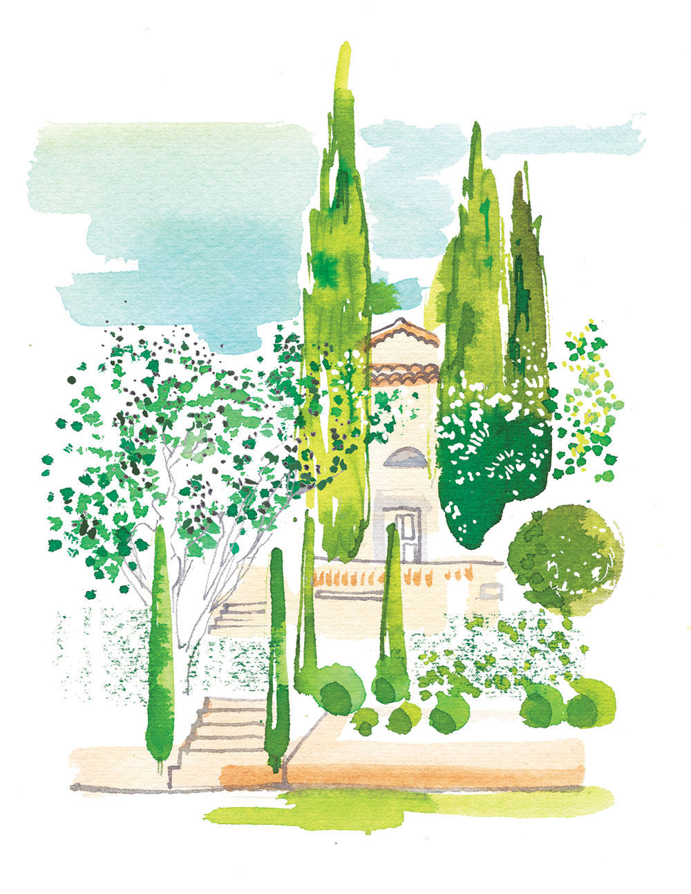 Watercolor illustration of the Garden at Vineyard Resort Chateau des Demoiselles - Madame Figaro CUISINE, 2021