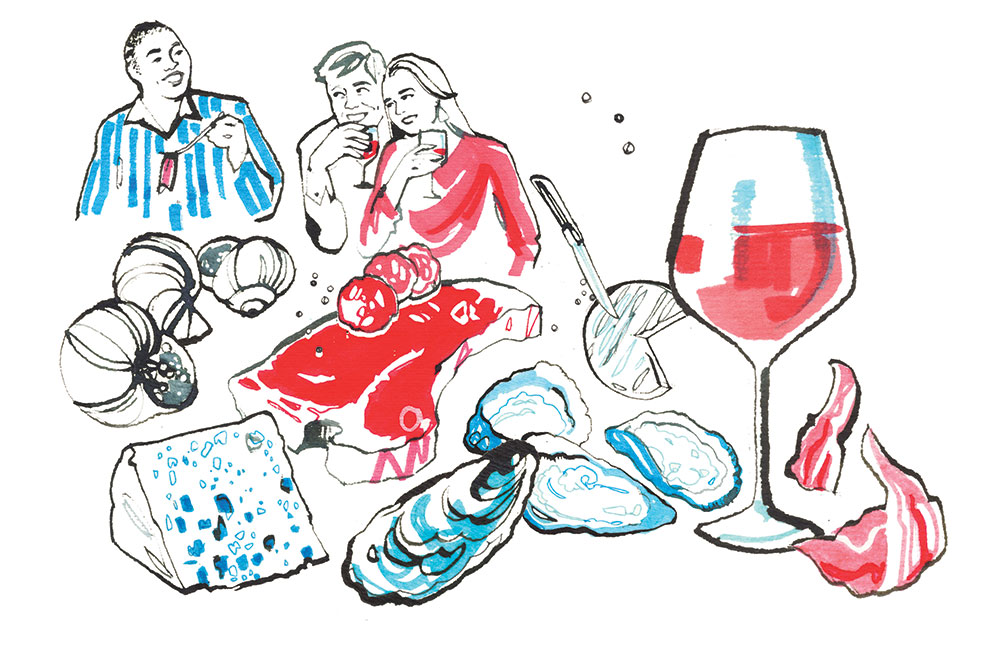 Illustration of people enjoying and indulging in rich French Food - Myself 2022