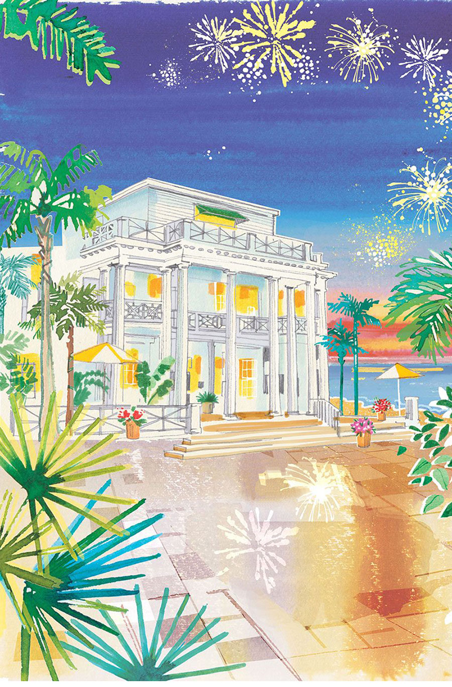 Watercolor illustration of Gasparilla Inn Hotel, Florida - private client 2022