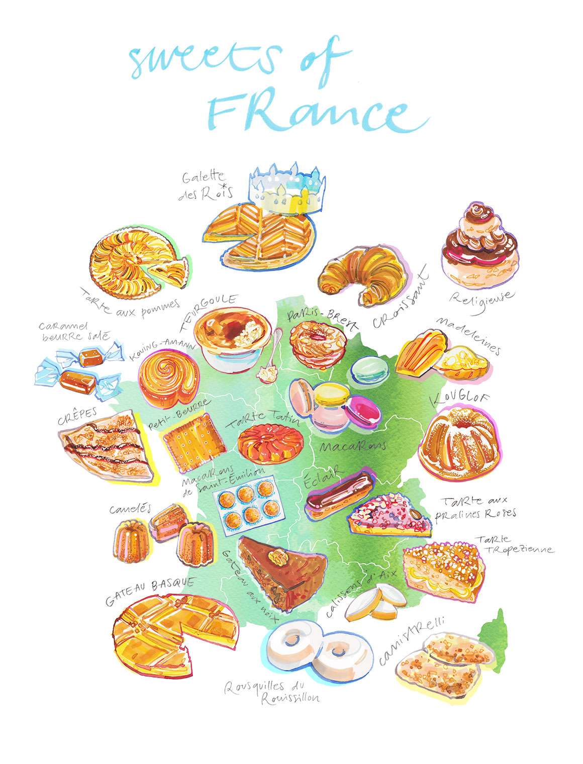 illustrated Map of Sweets and Pastries of France region by region