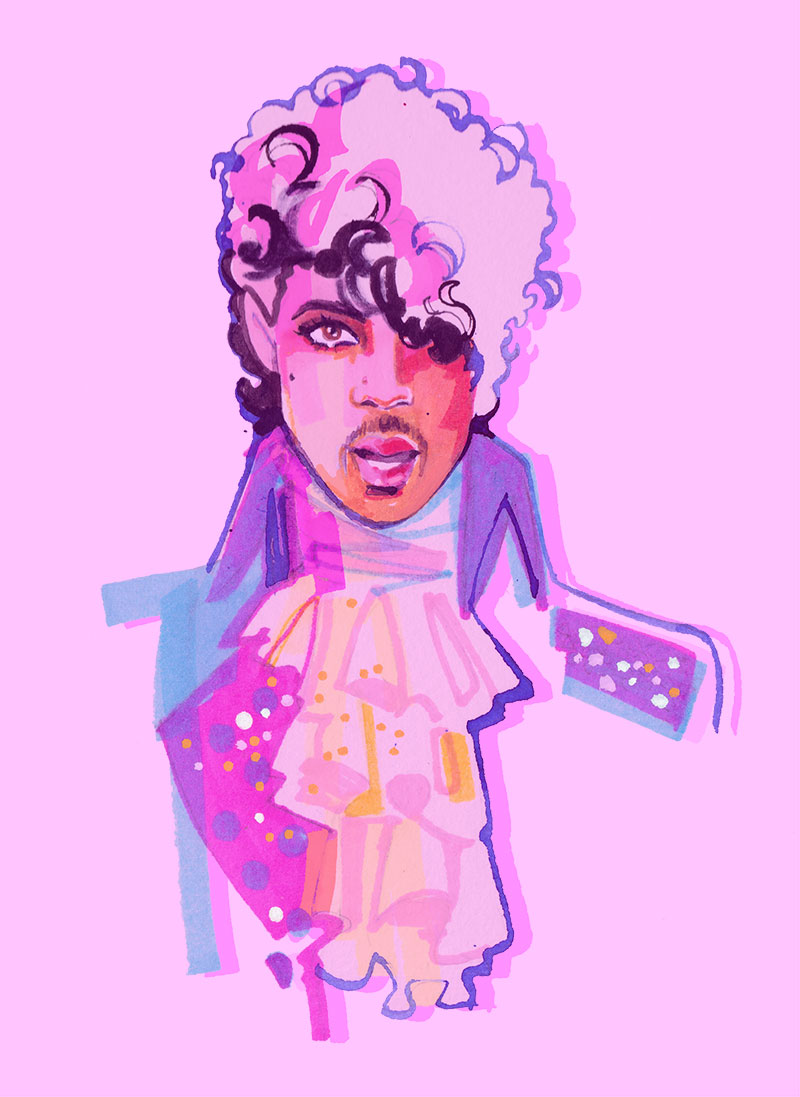 Illustrated Portrait of Music Legend Prince with pink filter