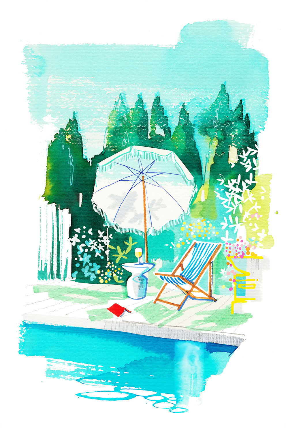 Summer Relax, Watercolor Illustration of a Garden with Swimming Pool