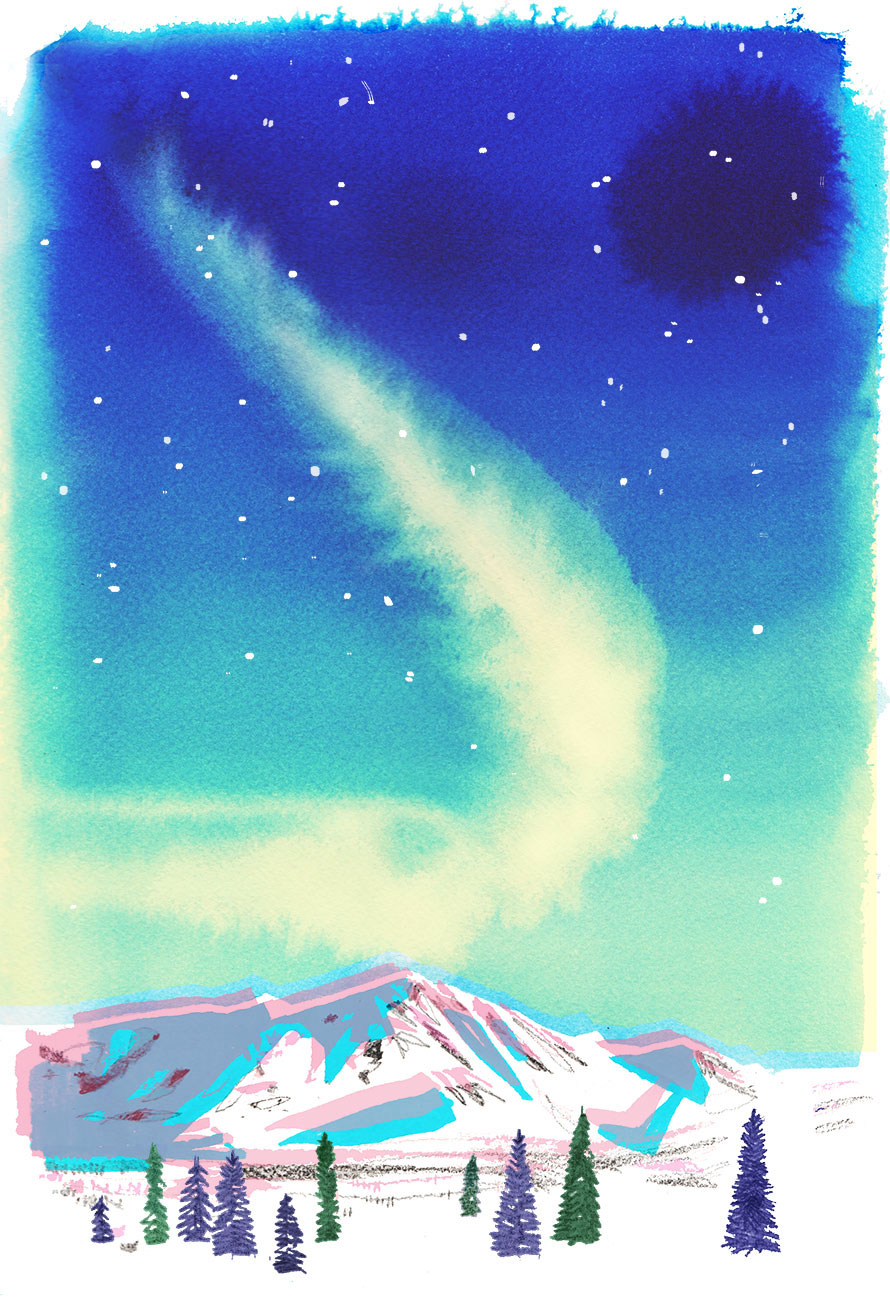 Watercolor Illustration of Snowy Mountains Landscape with Northern Lights